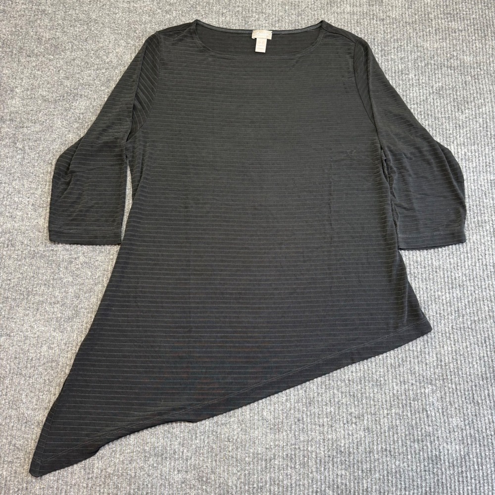 Chico's Travelers Tunic Top Sz 3 XL Black Asymmetrical Textured 3/4 Sleeve
